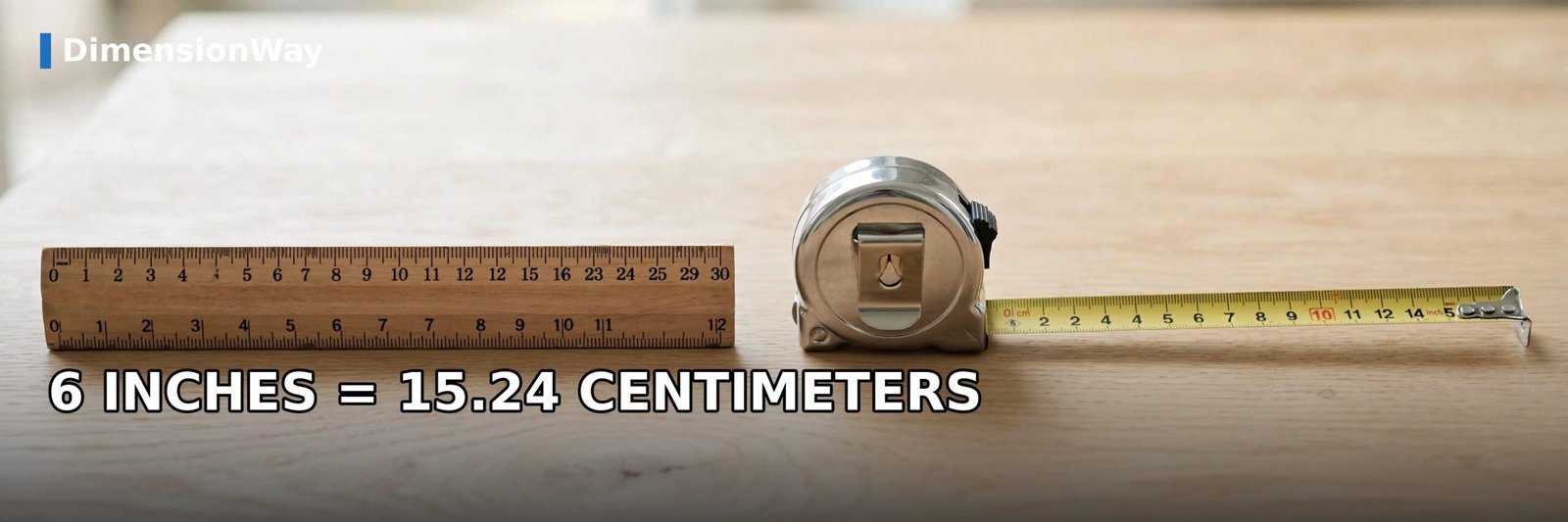 Wooden ruler and metal tape measure showing that 6 inches equals 15.24 centimeters