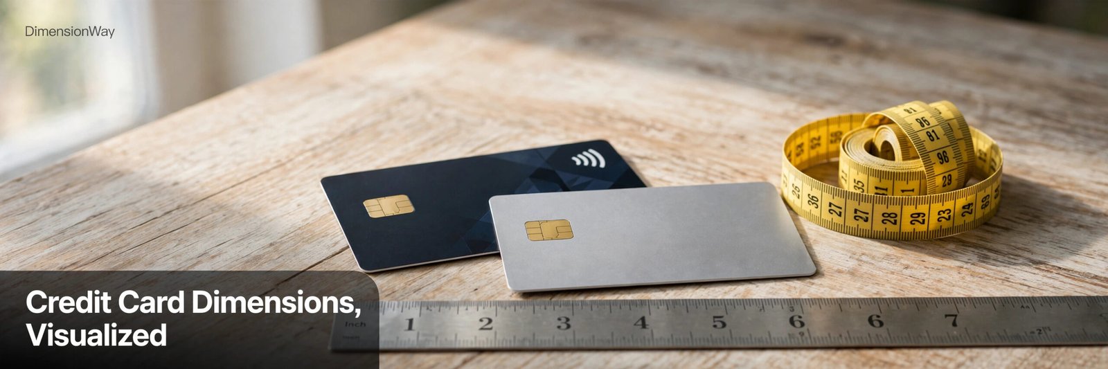 Credit card on a wooden desk next to a yellow measuring tape and a metal ruler showing inches.