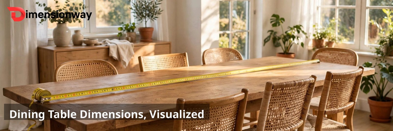 A wooden dining table for six with a yellow measuring tape stretched across its length in a bright dining room.