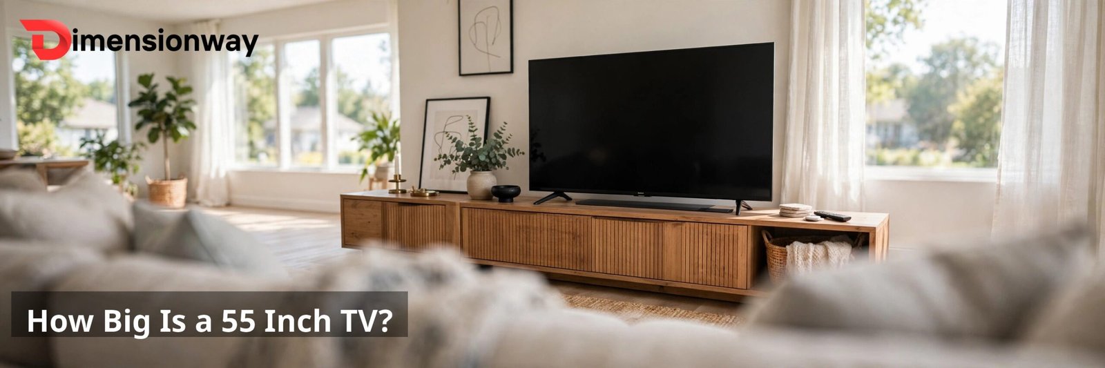 55 inch TV on a media console in a bright living room.