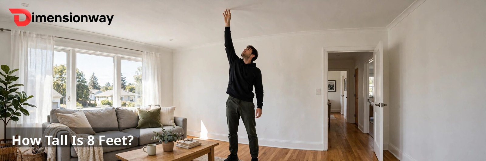 A bright living room with a standard 8 foot ceiling and a tall man reaching up toward it.