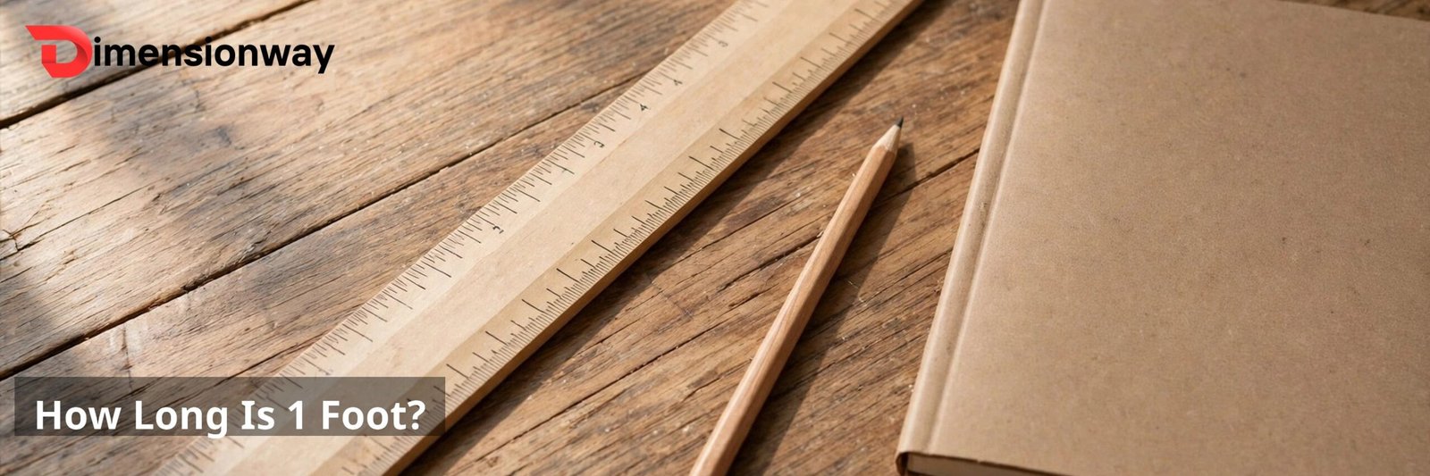 A foot-long wooden ruler lying on a desk next to a pencil and a notebook.