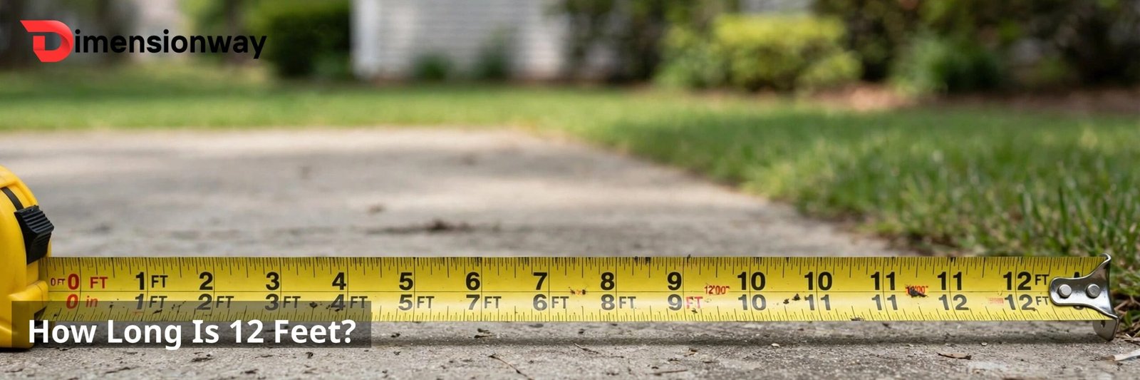 A yellow tape measure stretched 12 feet across a driveway.