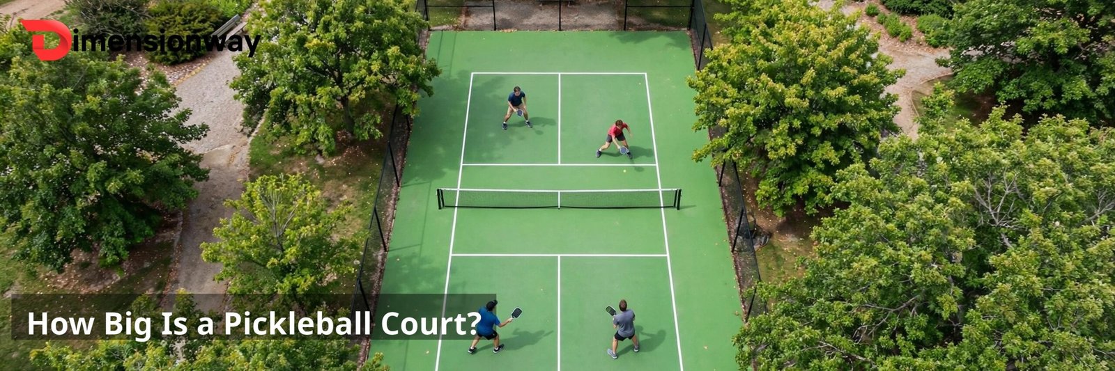 Bright green pickleball court seen from above with players.