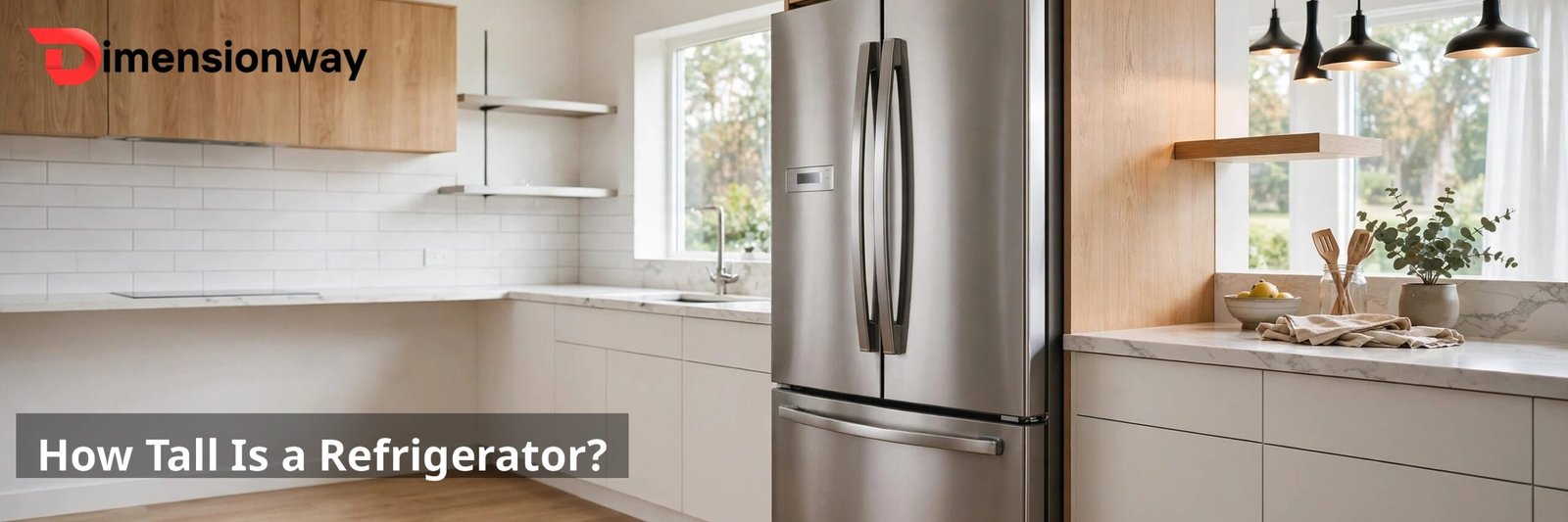 Stainless steel French door refrigerator in a bright modern kitchen.