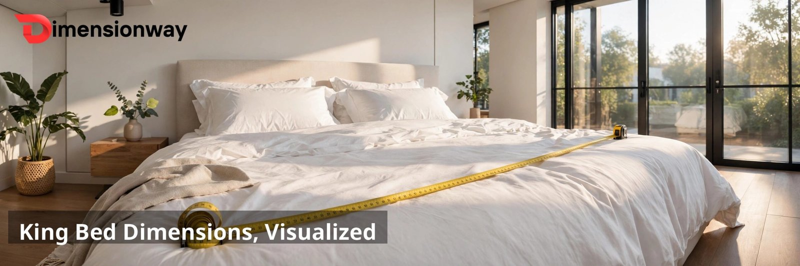 King size bed with a yellow measuring tape stretched across the mattress in a bright bedroom.