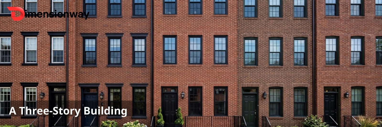 A row of three-story brick townhouses seen straight on from the sidewalk.