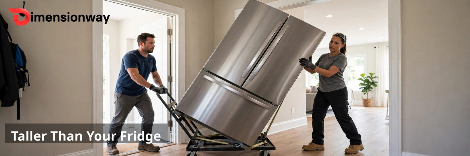 Two movers angling a refrigerator through a doorway.