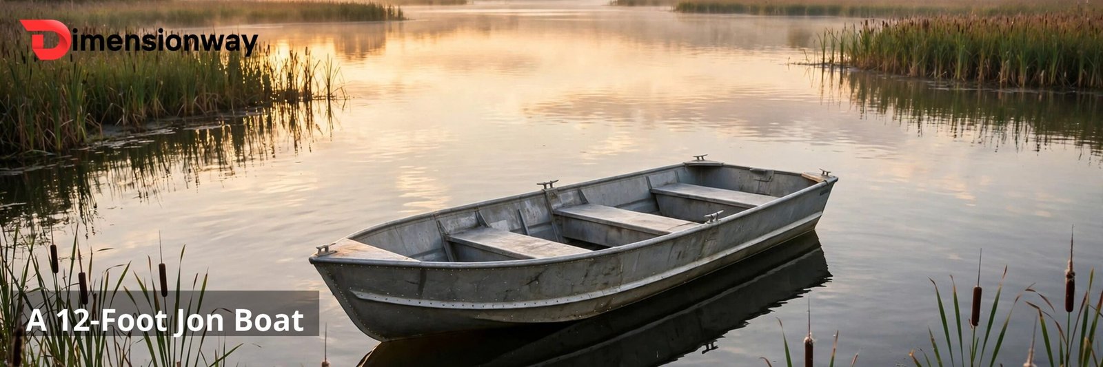 A 12-foot aluminum jon boat on a calm lake at sunrise.
