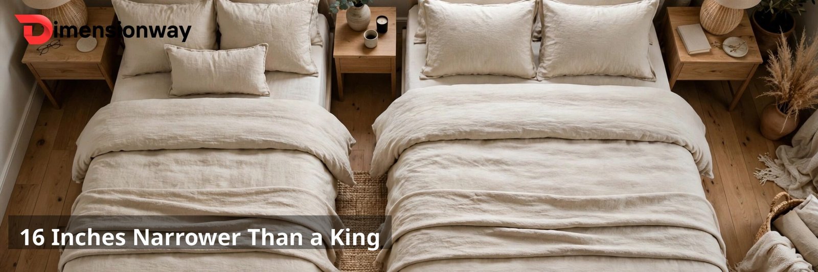 A queen bed beside a king bed showing the 16 inch width gap.