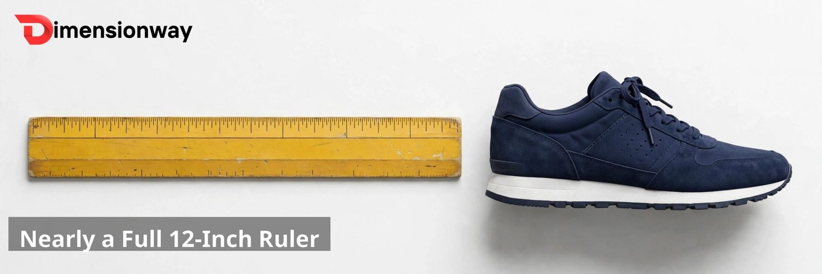A yellow wooden ruler next to a men's sneaker showing the shoe is nearly 12 inches long.