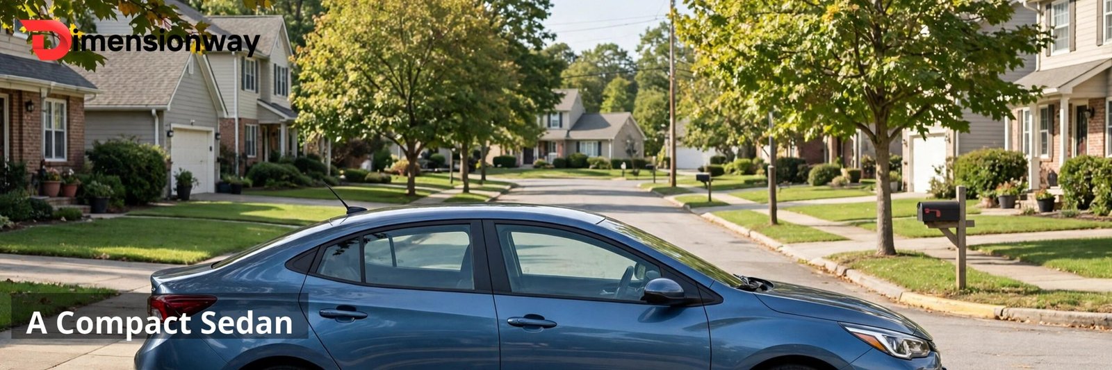 A compact sedan seen from the side parked on a residential street.