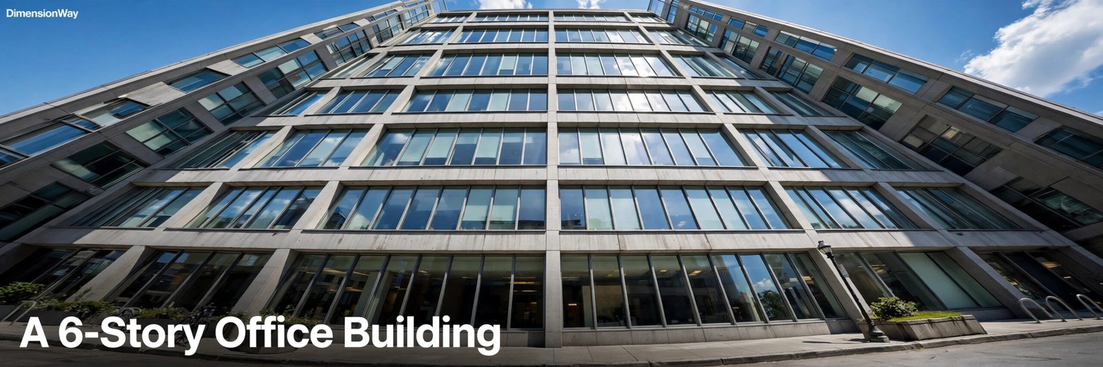 Looking up at a 6-story glass office building from street level.