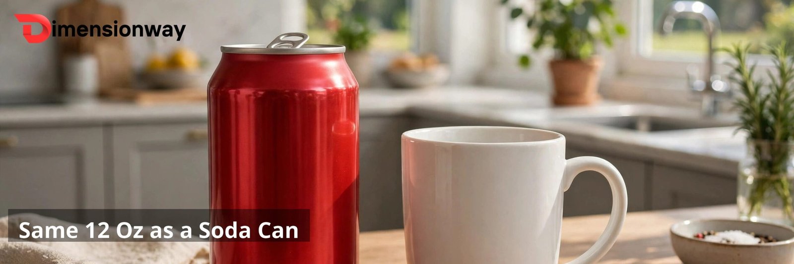 A red soda can standing next to a white ceramic coffee mug on a kitchen counter.