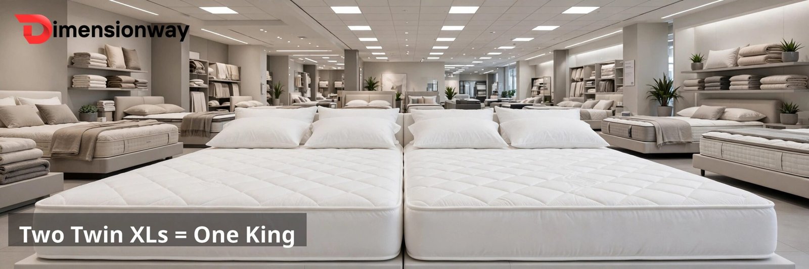 Two twin XL mattresses pushed side by side in a mattress showroom forming a king size bed.