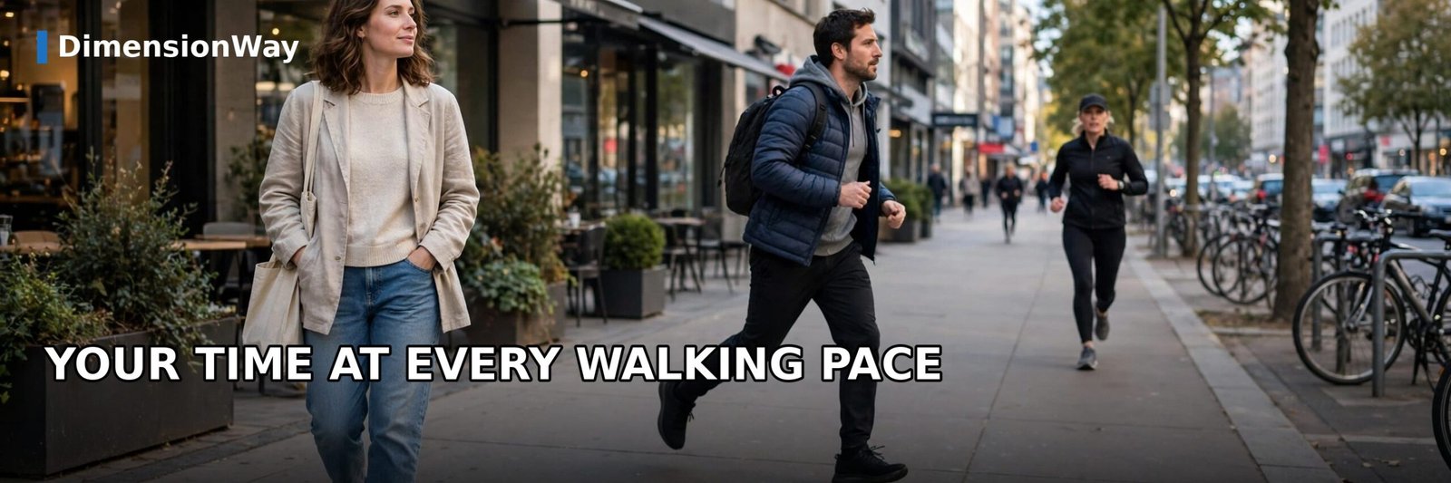 People walking at different paces on a sidewalk showing walking times for a mile