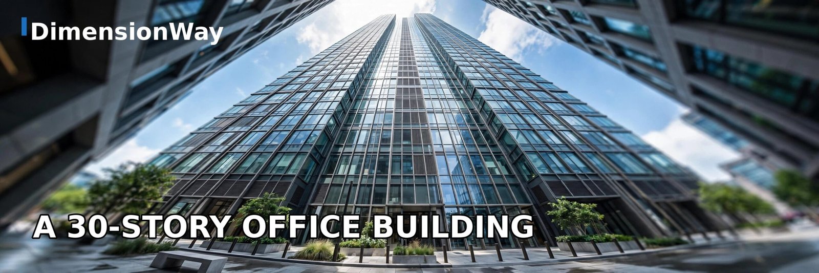 Looking straight up at a 30-story glass office building from street level.