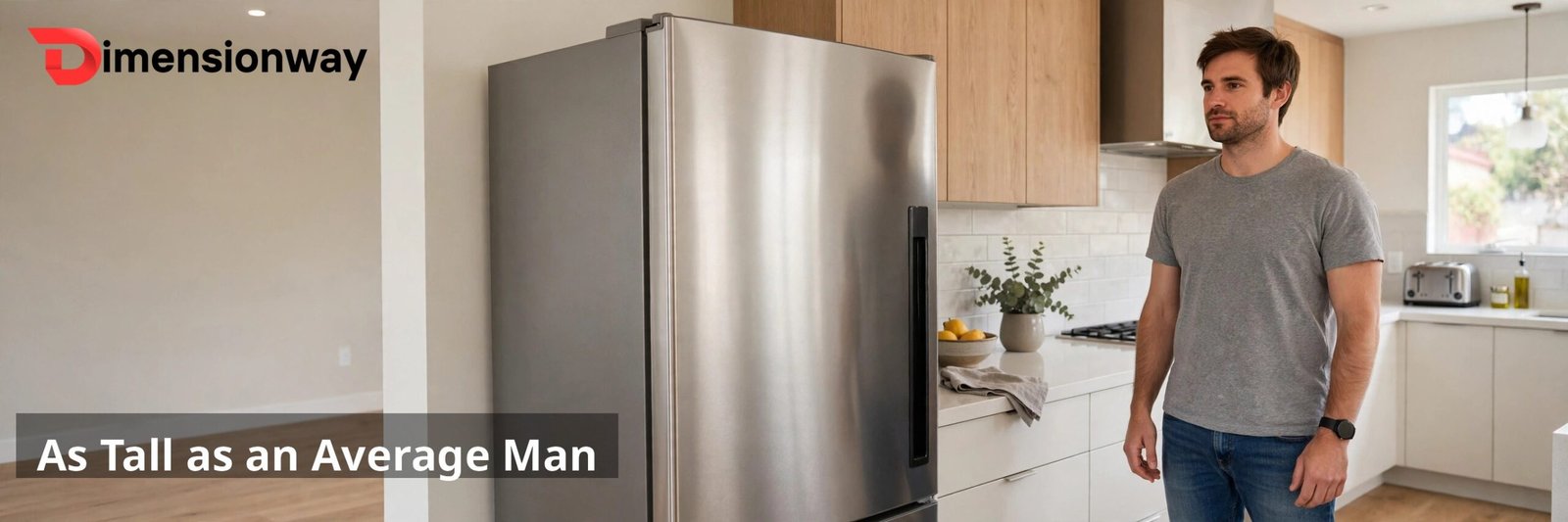 A man of average height standing next to a full-size refrigerator.