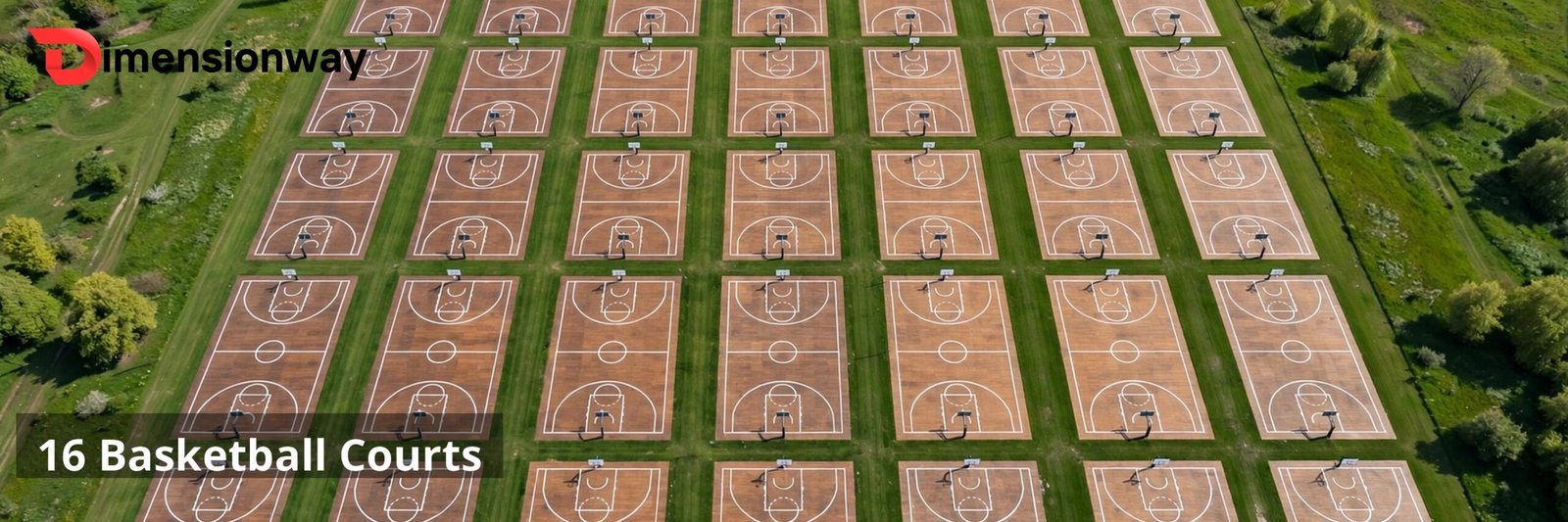 Sixteen basketball courts tiled across a soccer pitch, seen from above.