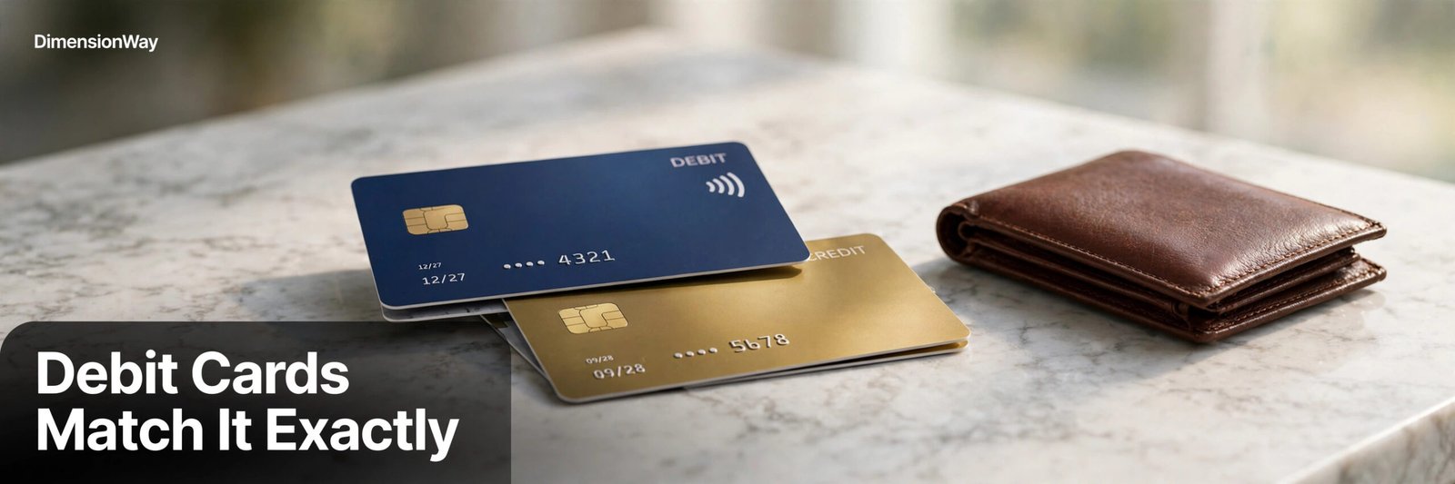 A debit card and a credit card stacked with a slight offset on a marble countertop.
