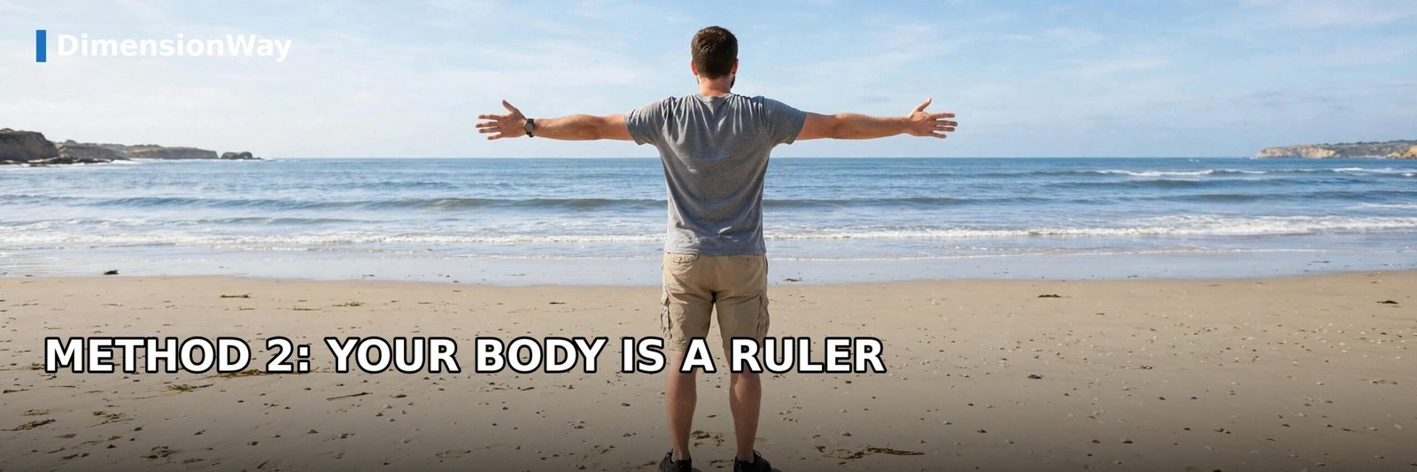 Person with arms outstretched on a beach using arm span to measure