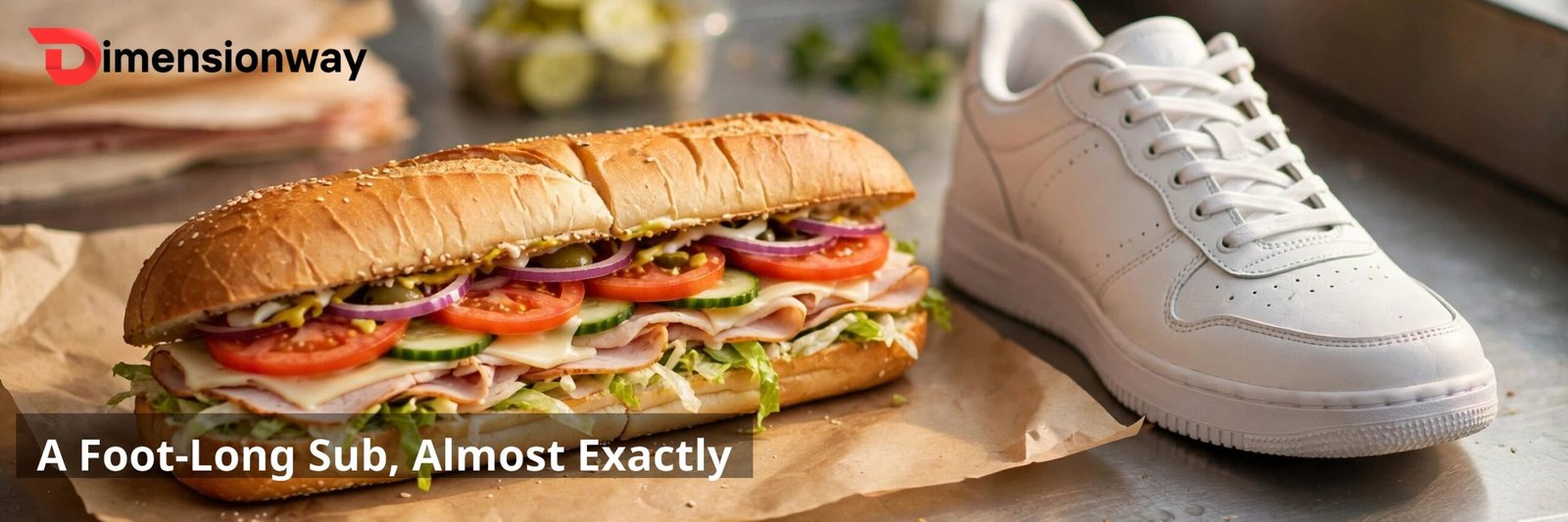 A foot-long submarine sandwich next to a men's sneaker of similar length.