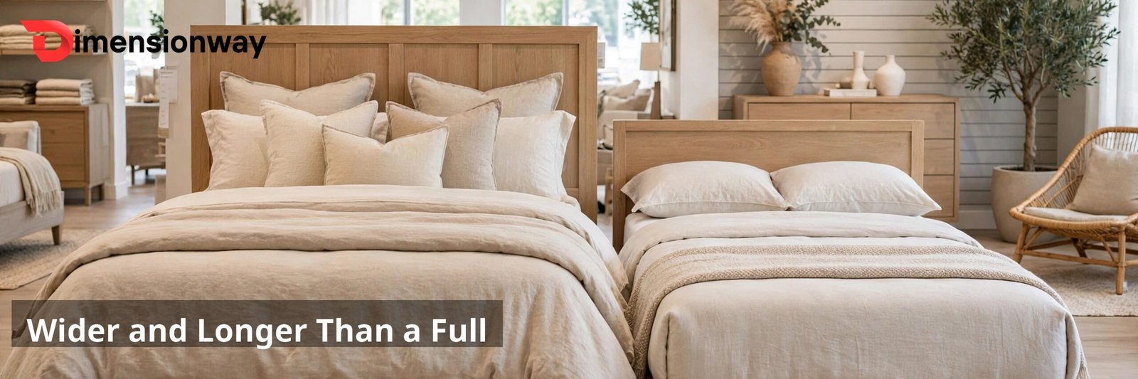 A queen bed beside a full bed, noticeably wider and longer.