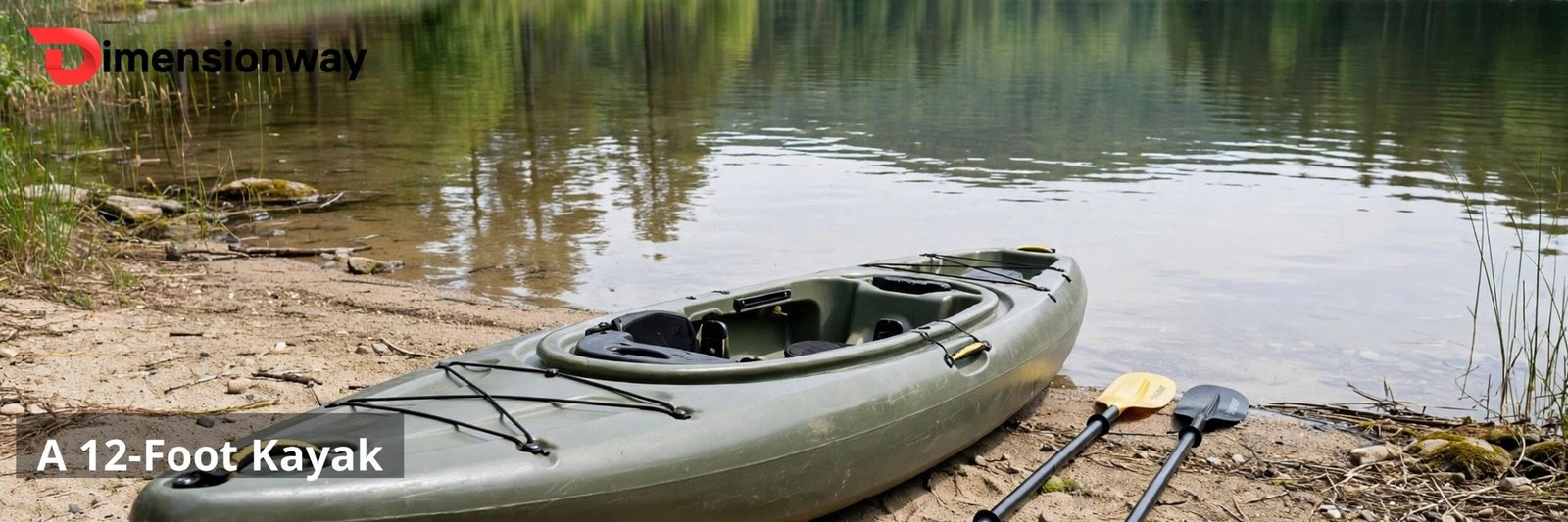 A 12-foot kayak resting on a lakeshore with paddles beside it.