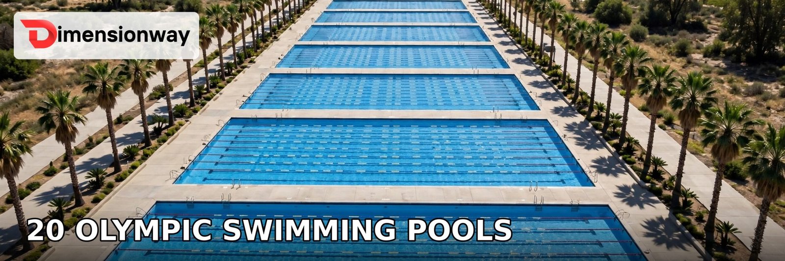 Row of Olympic swimming pools showing how 20 pools end to end equal one kilometer