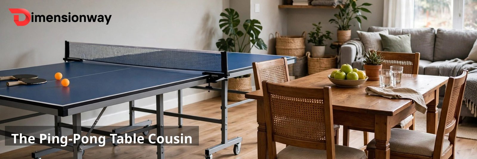 A blue ping-pong table in a home game room next to a wooden dining table for scale comparison.