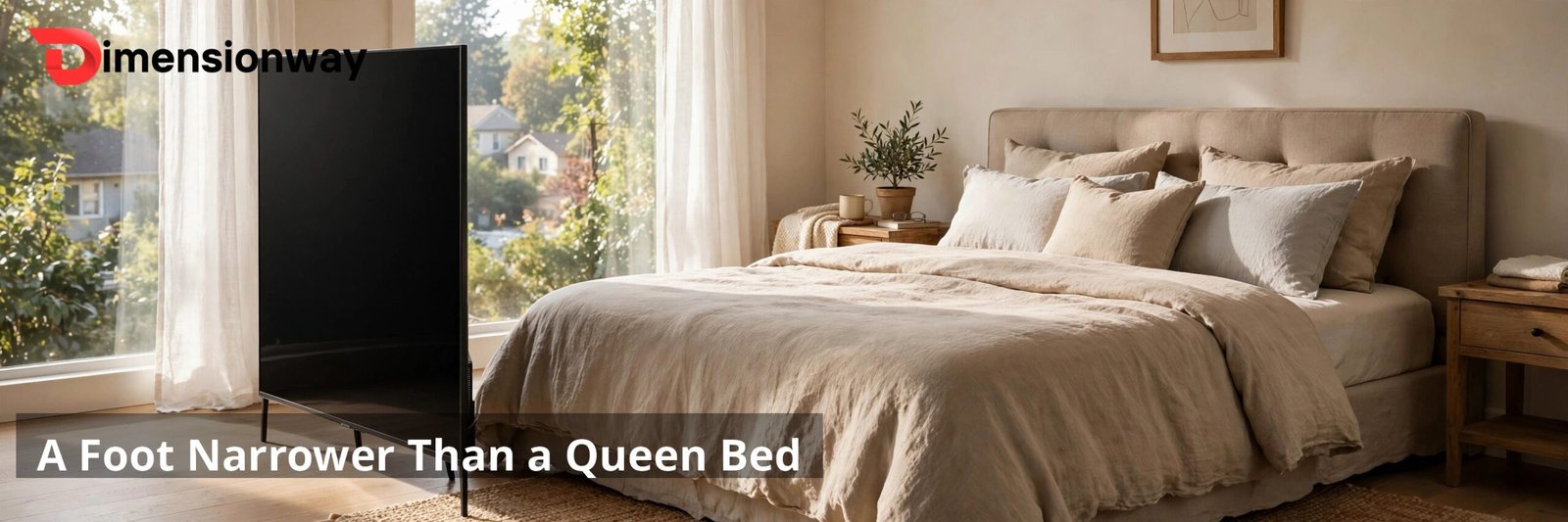 55 inch TV next to a queen bed, a foot narrower.