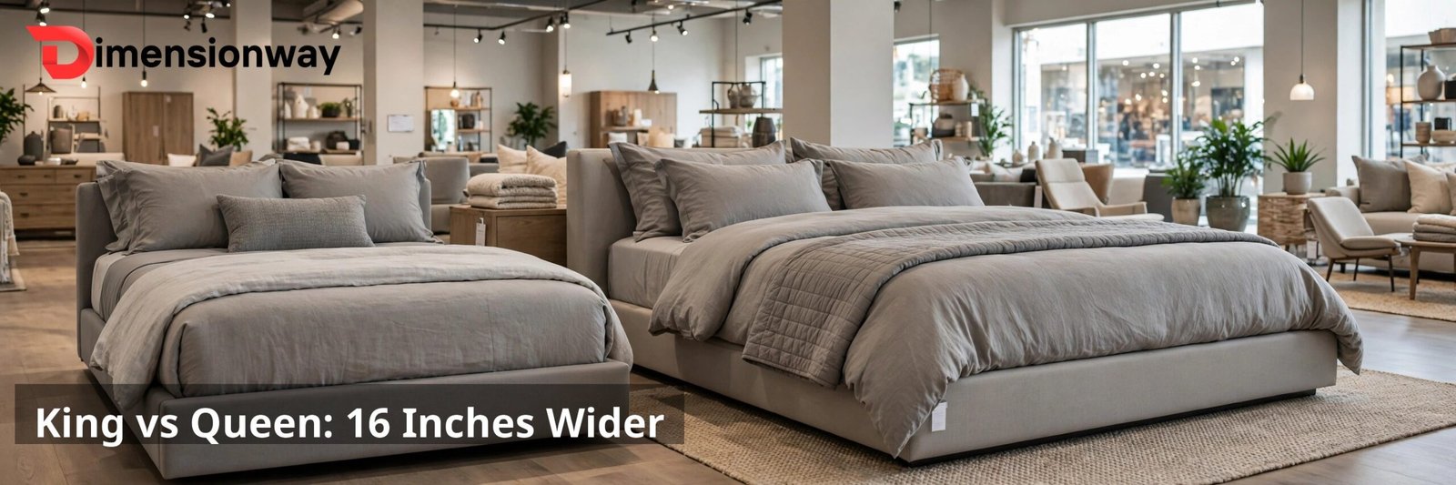 A queen bed and a visibly wider king bed side by side in a furniture store showroom.