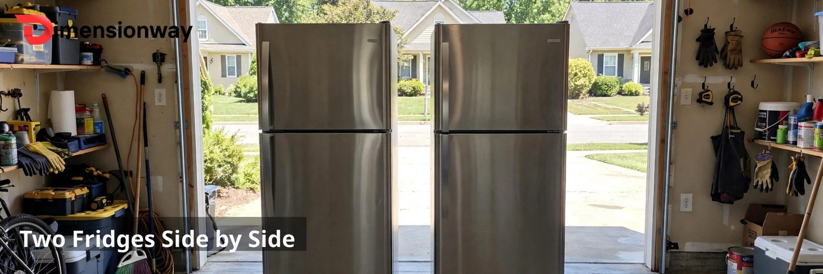Two full size refrigerators standing side by side in a garage doorway.