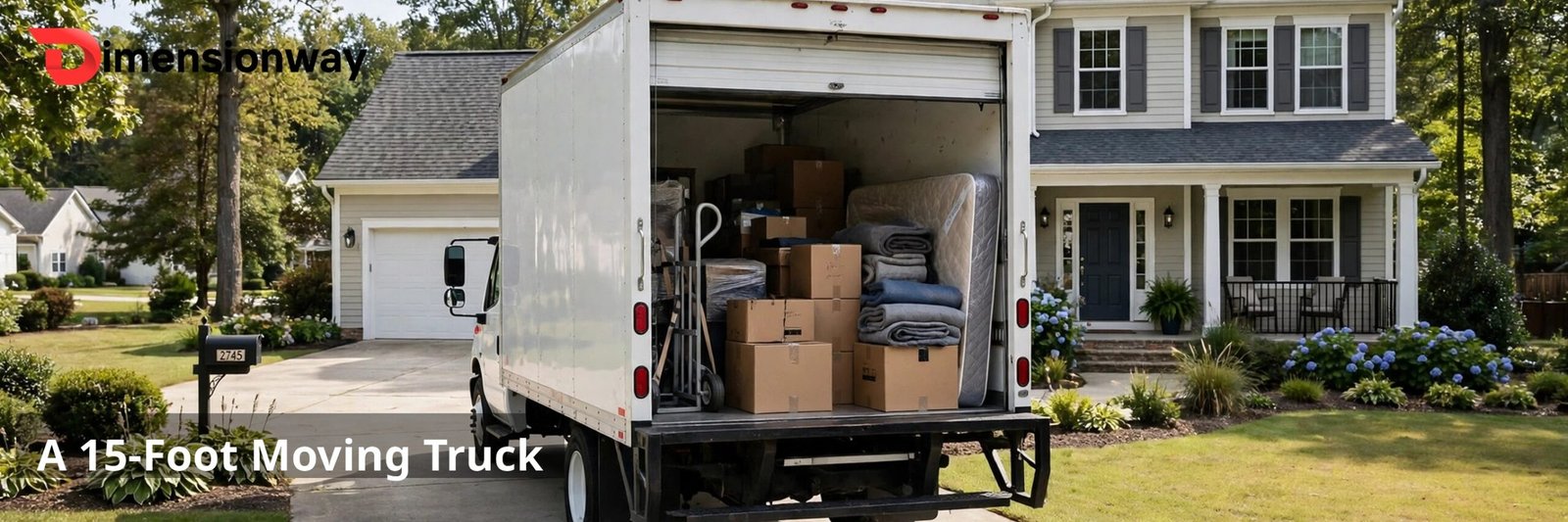 A white moving truck parked in a driveway with its rear door open.