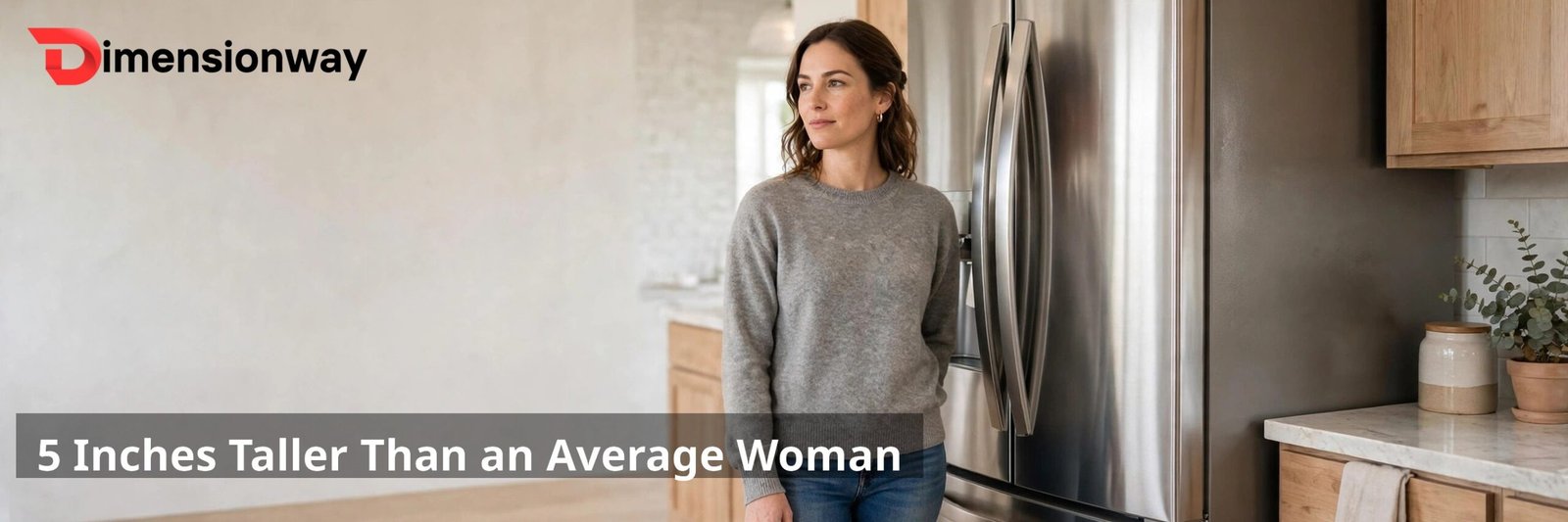 A woman of average height standing next to a full-size refrigerator.