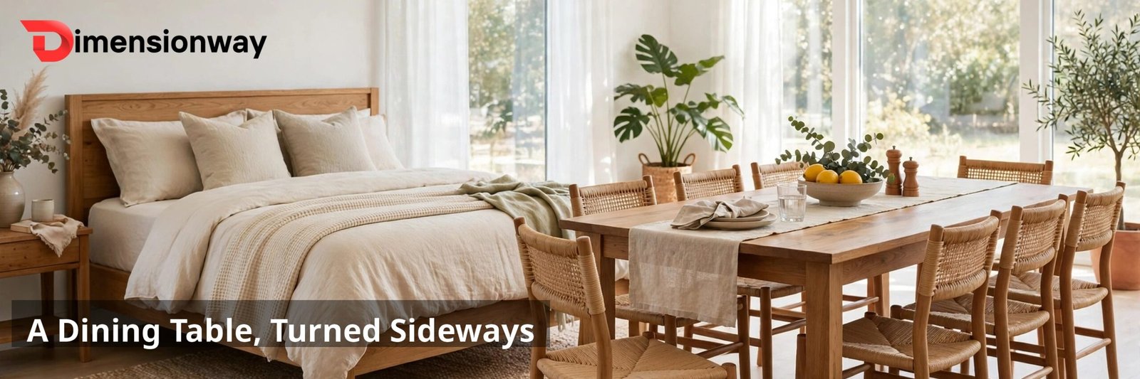 A queen bed next to a dining table of matching width scale.