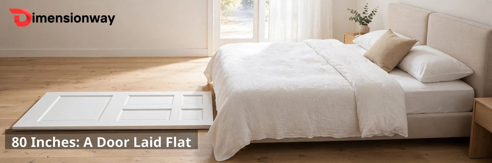 A white interior door lying flat on a bedroom floor next to a king size bed.