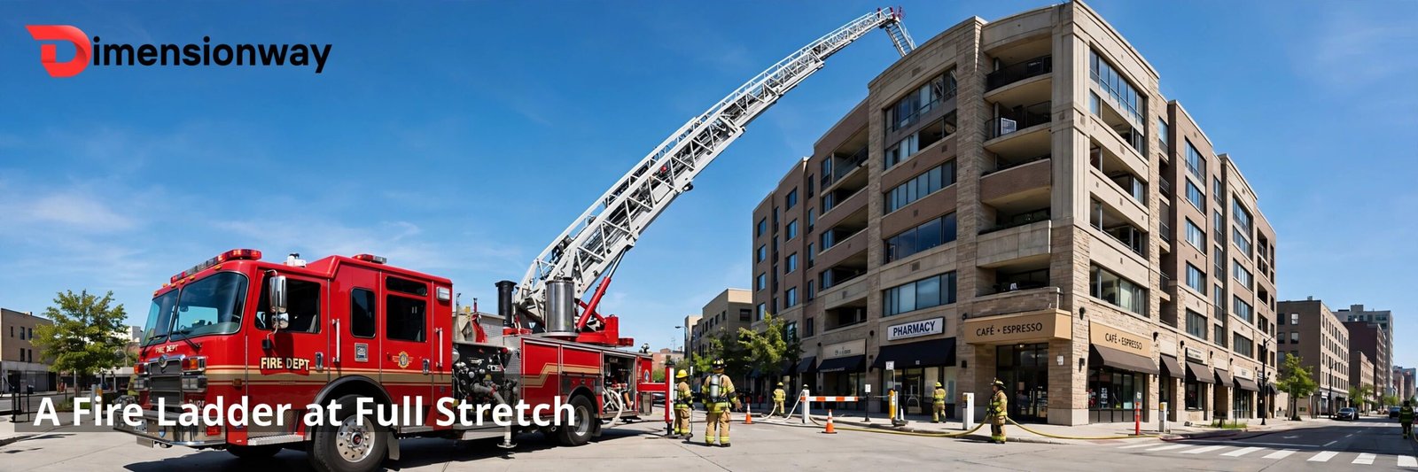 A fire truck with its aerial ladder extended to full height beside a building.