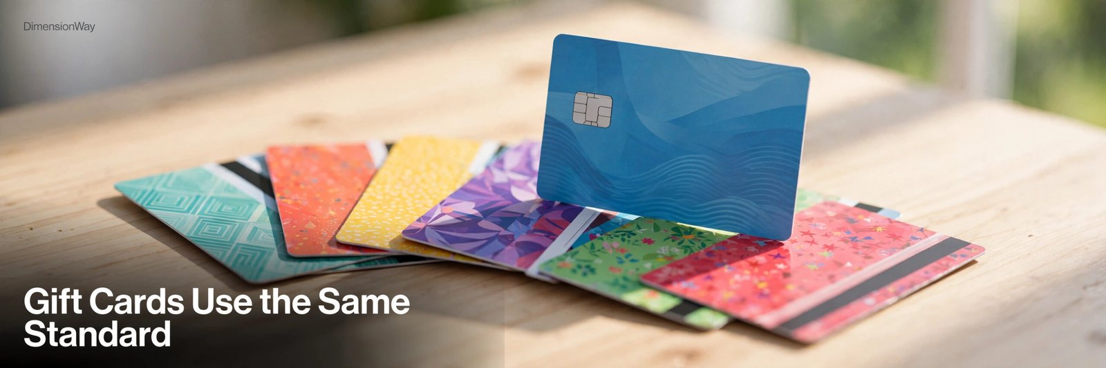 Colorful retail gift cards fanned out on a wooden table, one standing upright.