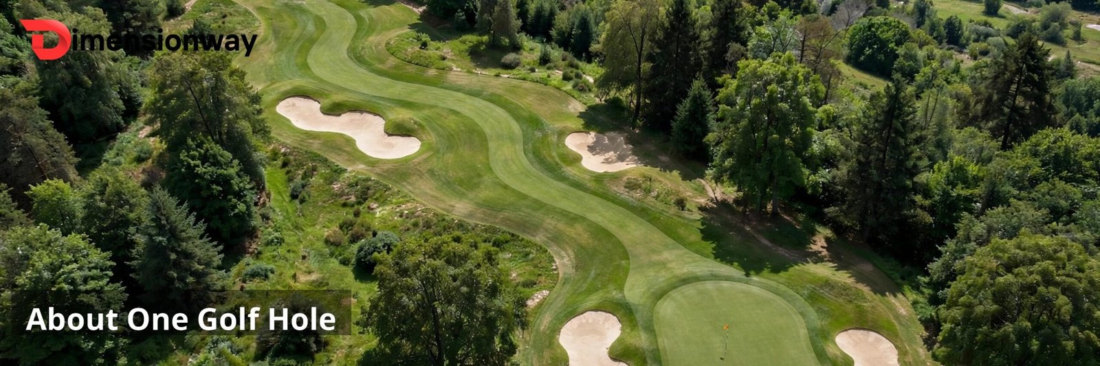 Aerial view of a golf hole with fairway, green, and bunkers.