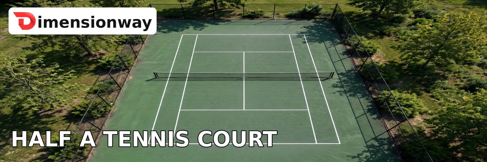 Aerial view of a tennis court, half of which is about 1000 square feet