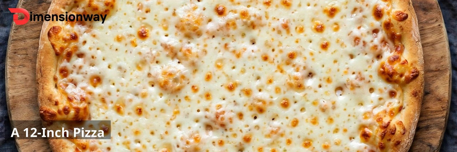 A whole 12-inch pizza on a wooden board seen from above.