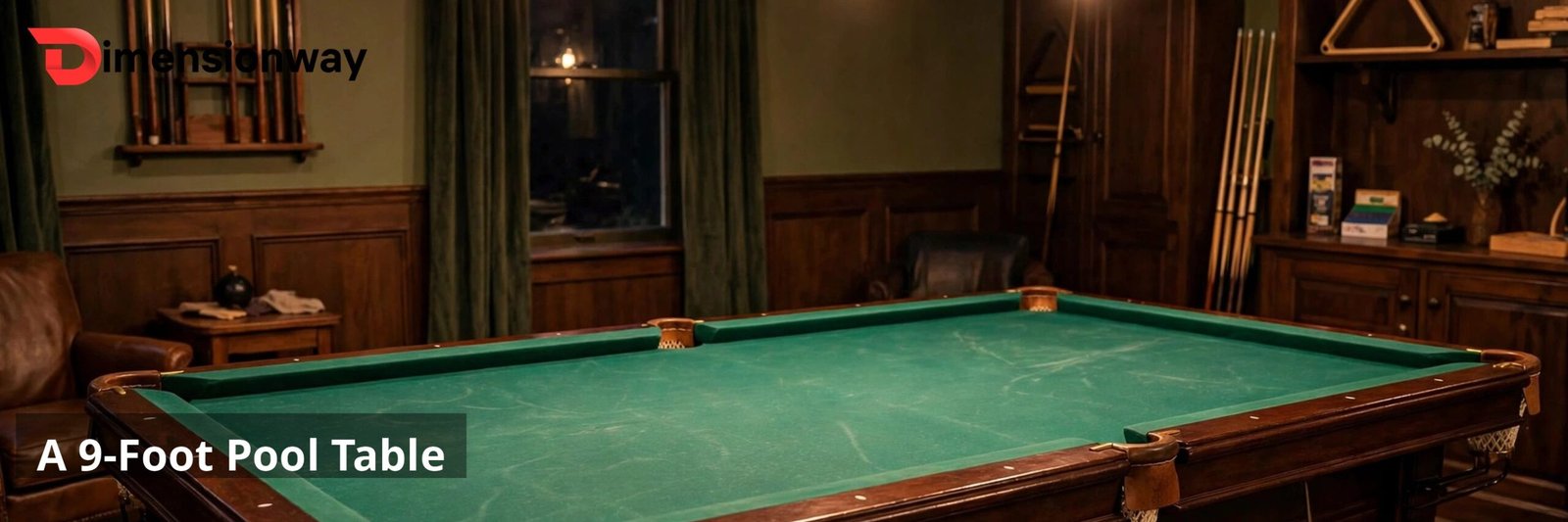 A green-felt 9-foot pool table in a billiard room under warm lamp light.