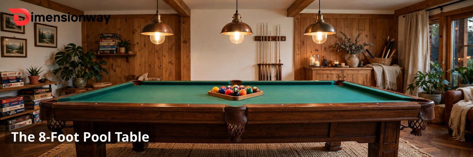 A full size pool table with green felt in a home game room.