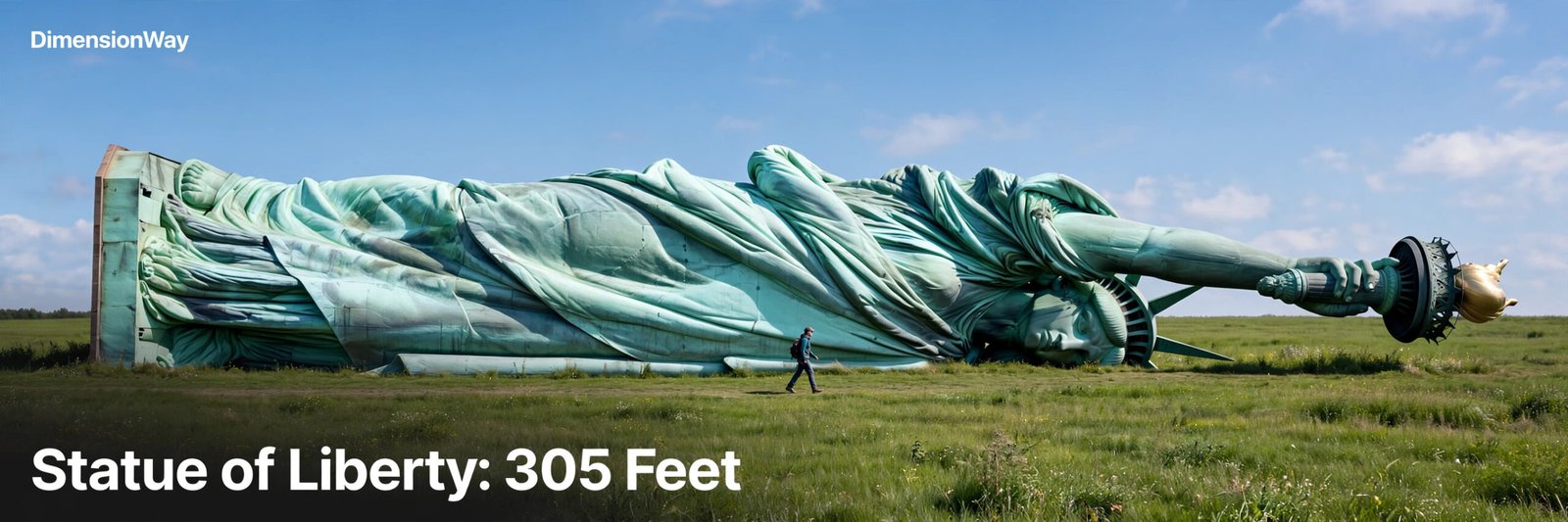 Statue of Liberty shown lying flat to illustrate a 300-foot walk from toes to torch.