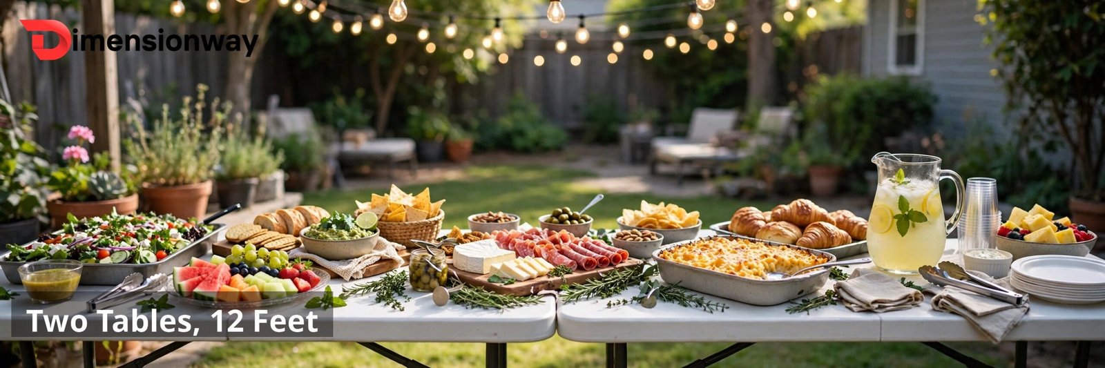Two 6-foot folding tables pushed end to end at a backyard party.