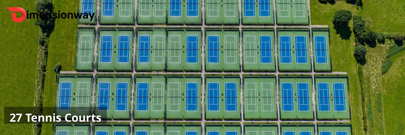 Twenty seven tennis courts laid out on a soccer pitch.