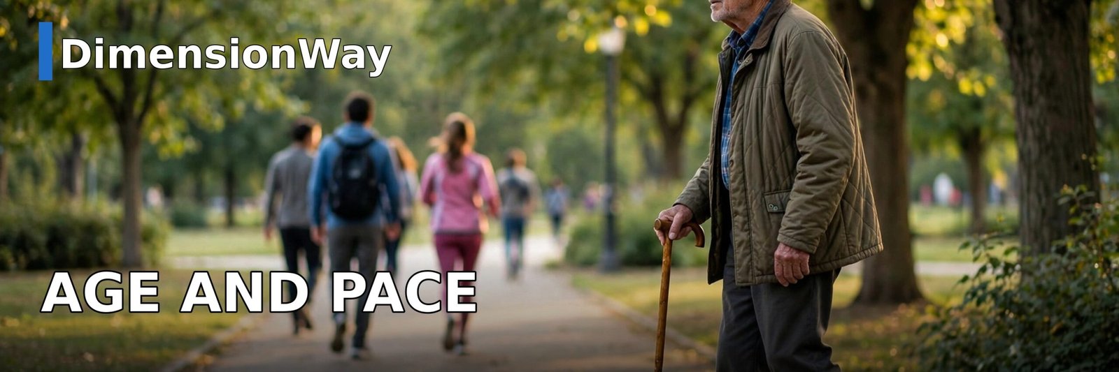 Elderly man with a cane walking slowly on a park sidewalk showing how age affects walking pace
