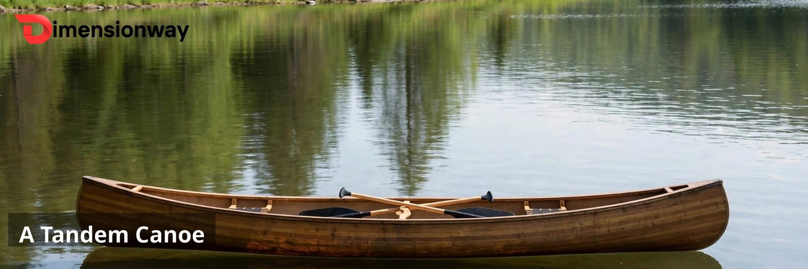 A tandem canoe on a calm lake seen from the side.