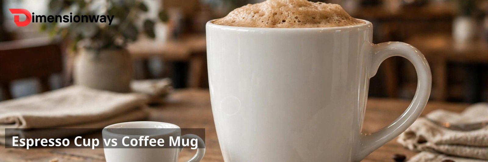A tiny white espresso cup next to a large standard white coffee mug on a cafe table.